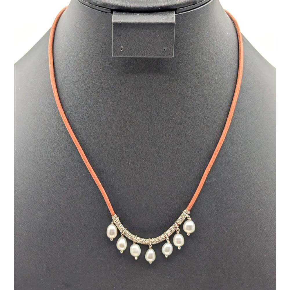 Retired SILPADA 925 Sterling Dangling Pearls on Leather Cord 17"-19" Necklace